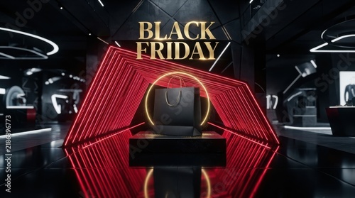 Black friday shopping display with a dark bag under a glowing geometric red light structure shopping structure