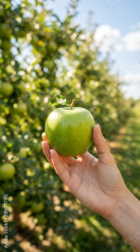 Hand Holding Fresh Green Apple in Orchard During Harvest Season.