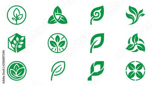 Green Leaf Vector Icon Set Eco Geometric Logo Design