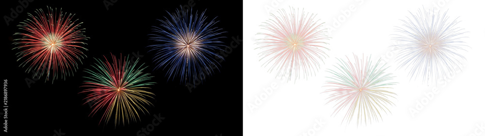 Obraz premium Set of three colorful fireworks explosions isolated on transparent background and black background, festive pyrotechnic display for celebration, holiday, and new years eve party
