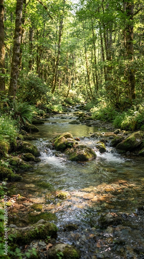 Fototapeta premium Lush green forest stream with sunlight filtering through the trees.