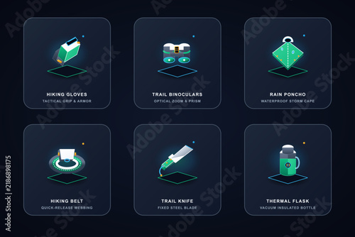 Isometric hiking gear icons including trekking essentials with trekking isometric adventure equipment binocular wilderness exploration survival activity recreation collection elements