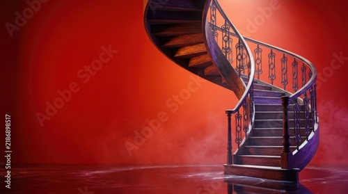 Cinematic Spiral Staircase with Oak and Cast-Iron on Red Background, Dramatic Horror Advertising Banner with Negative Space