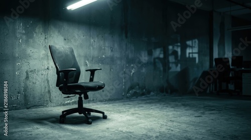 Lonely ergonomic office chair in a dark haunted workspace with moody lighting, textured concrete walls, and intentional copy space for cinematic horror-themed advertising.