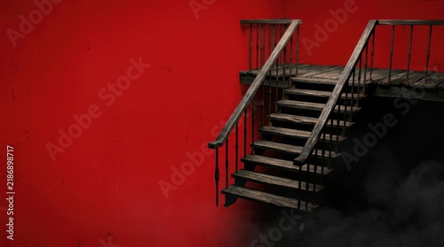 Minimalist Horror Banner with Wooden Staircase Descending into Darkness on Crimson Wall