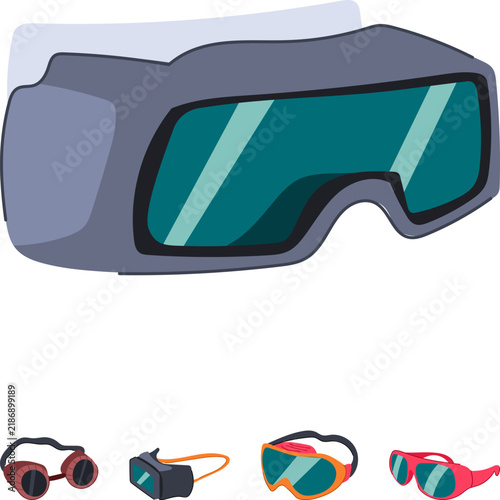 Various protective safety glasses and goggles, including welding style, steampunk, virtual reality, and regular safety eyewear, providing eye protection in diverse settings