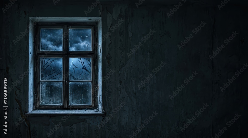 Obraz premium Minimalist horror attic window on dark textured wall with storm and copy space