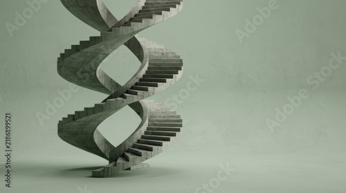 Surreal infinite concrete spiral staircase on sage green textured background with copy space