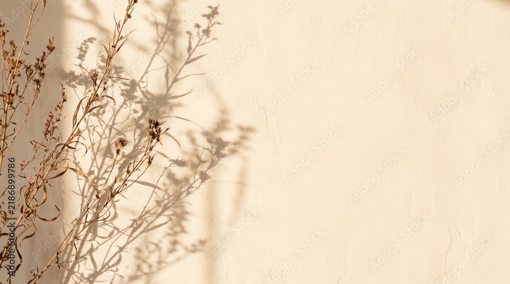 Fototapeta premium Dried wild plants cast soft shadows against a beige textured wall in warm natural sunlight.