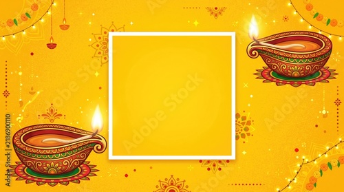 Golden diwali background with ornate oil lamps and a blank space for text or design elements