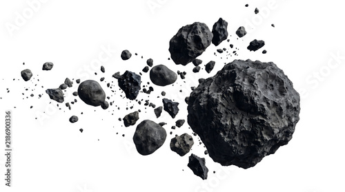 Massive Cratered Asteroid and Cluster of Meteoroids Floating in Deep Space Isolated on Transparent Background