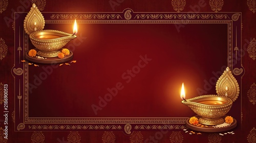 Elegant ornate gold frame with lit candles against a rich deep red velvet background