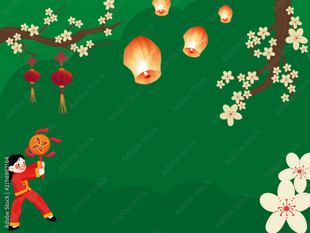 Fototapeta premium Chinese New Year Green Jade Background with Sky Lanterns, Red Lanterns and Plum Blossom for Greeting Card