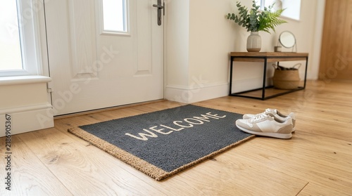 Welcome mat with shoe by the front door of a house.