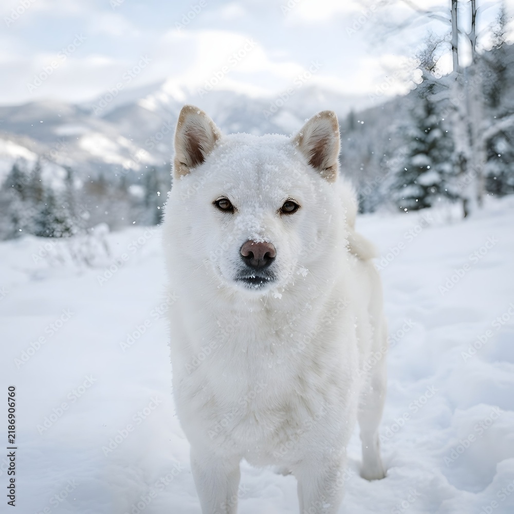 Obraz premium White Fluffy Dog Standing in Snowy Winter Forest Landscape