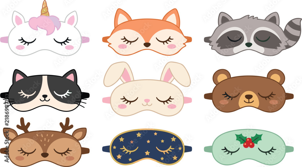 Obraz premium Cute Sleep Mask Icon Vector Set with Starry Night Sky, Christmas Holly, and Animal Eye Covers for Bedtime Graphic Designs
