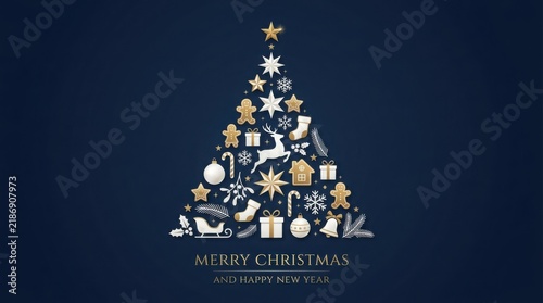 Christmas tree composed of festive ornaments with warm light against a deep blue background