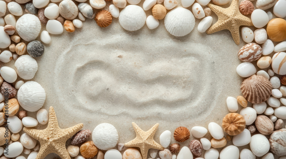 Obraz premium Seashell starfish pebble sand circle texture creates calm coastal frame with natural seashell detail and open center for summer design