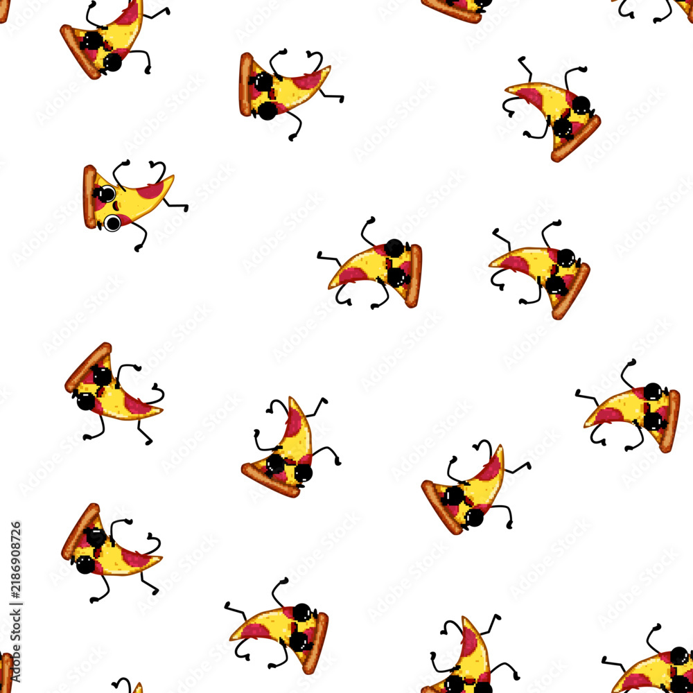 Obraz premium pattern food pizza slice character cartoon. face cheese, beer adorable, mascot emoji food pizza slice character sign vector
