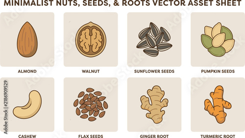Minimalist Nuts Seeds and Roots Vector Asset Sheet with flat line icons for Almond Walnut Sunflower Pumpkin Seeds Cashew Flax Ginger and Turmeric Graphic Designs