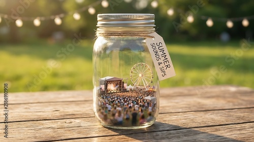 Summer memories display inside a glass jar on a rustic wooden picnic table