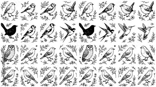 Seamless pattern of intricate black and white line art fea set with simple line art design featuring simple design, minimalist, black and white with illustrations and graphics