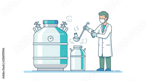 Scientist handling cryogenic samples with liquid nitrogen