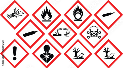 GHS Hazard Pictograms Vector Set with Globally Harmonized System Chemical Safety Symbols for Lab Warning Labels, OSHA Signs, and Industrial Workplace Safety Graphic Designs