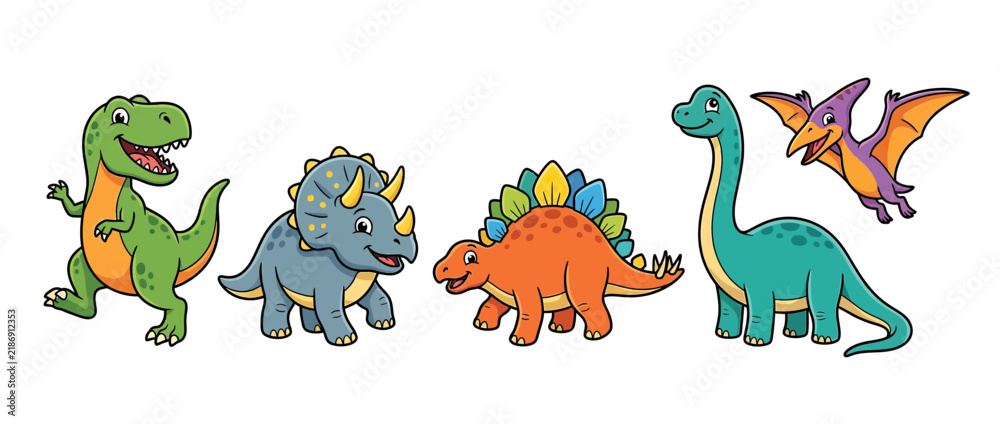 Obraz premium Cute Cartoon Dinosaurs Group Isolated Transparent Background