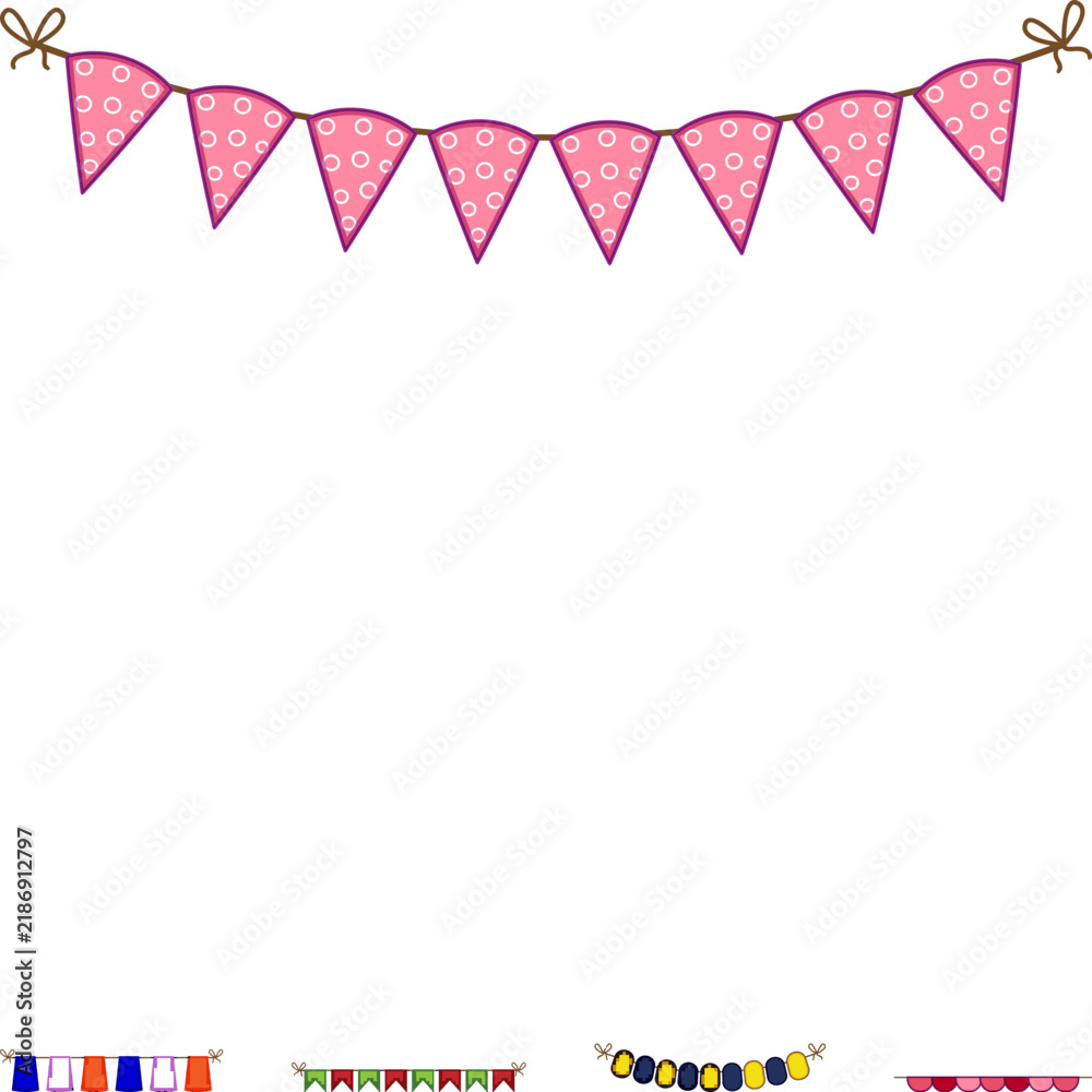 Obraz premium Row of colorful celebration flags and banners strung as a festive garland on white background, ideal for party invitations, event decor, birthday, wedding, and holiday designs