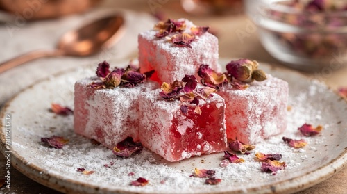 Turkish delight cubes with rose petals and powdered sugar on a rustic ceramic plate