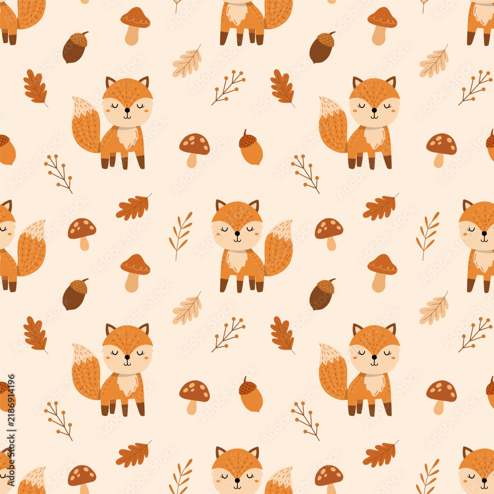 Fototapeta premium Cute autumn fox vector seamless pattern with oak leaves, mushrooms, and acorns on warm cream background for woodland nursery decor, apparel, and wallpaper.