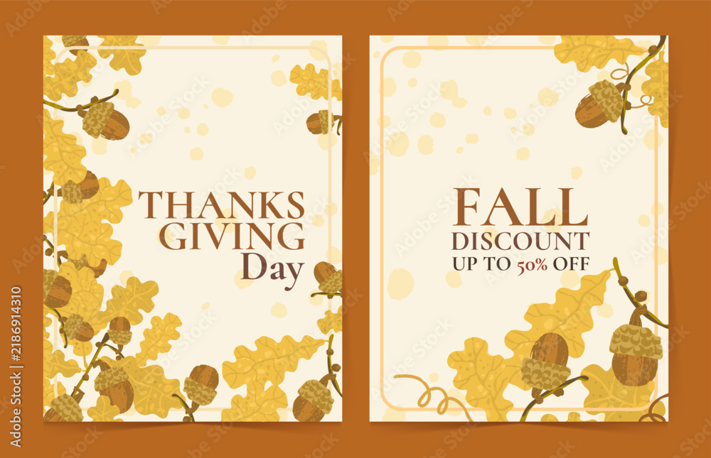 Fototapeta premium Thanksgiving and fall discount poster templates with oak leaves acorns and warm seasonal colors