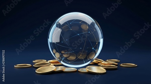 Golden coins contained inside a transparent glass sphere representing financial security with investment security currency business treasure protection management