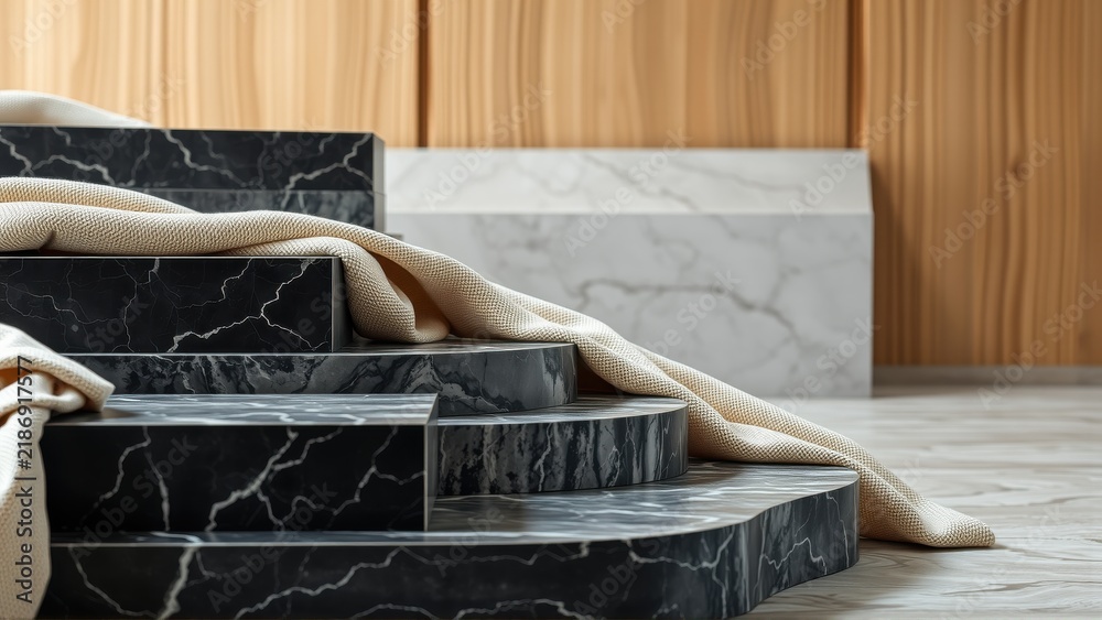 Obraz premium Black marble steps draped with beige fabric. Minimalist design, warm wood backdrop creates elegant interior scene.