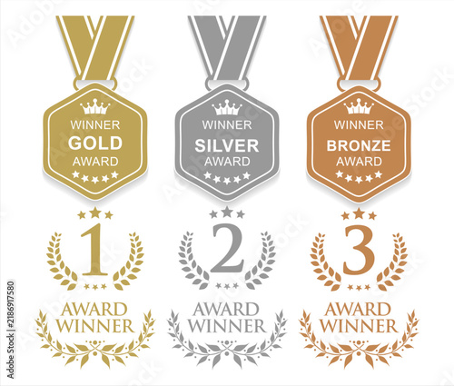 Gold Silver Bronze Award Badge and Medal Collection with Laurel Wreath Winner Seals and Premium Recognition Emblems Vector Set