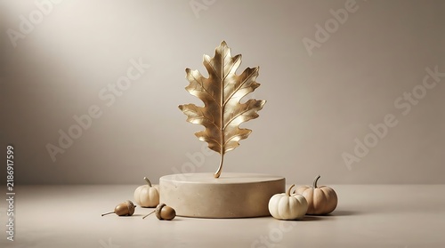 Golden oak leaf on a stone pedestal with white pumpkins for autumn decor