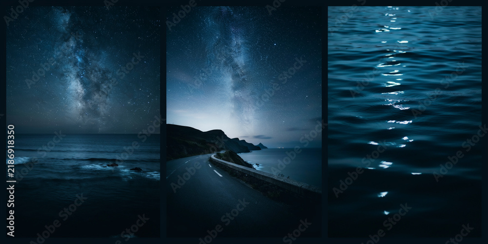 Obraz premium Night landscapes featuring milky way galaxy over ocean waves and coastal winding roads