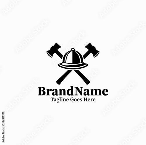 Black Image Vector Logo Firefighter Helmet And Crossed Axes — Hero Protection Silhouette Graphic Isolated on White Background