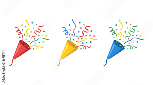 Party popper confetti flat vector illustration set
