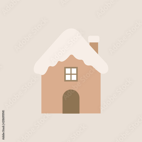 Flat design of a cozy gingerbread-style house covered with white snow. Cute winter home with chimney and window in warm earth tones for Christmas and New Year design.
