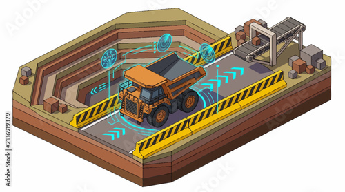 Isometric View Heavy Machinery Construction Site.