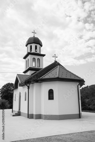 Serbian Orthodox church in Mezgraja village, Bosnia and Herzegovina. Black and white photo.