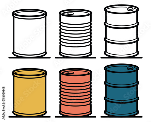Set of various metal barrels and industrial drums in flat vector style, including plain, ribbed, and oil drum designs in different colors