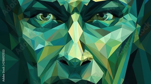 Abstract Geometric Portrait of a Man in Shades of Green and Yellow.