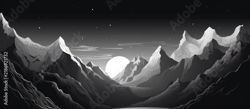 Dramatic Black and White Mountain Landscape with a Bright Full Moon.