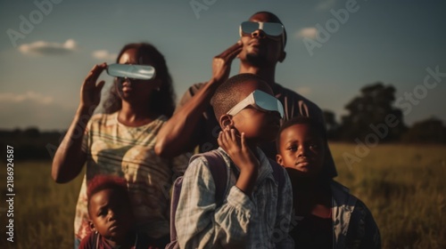 Family wearing eclipse glasses watches solar eclipse outdoors.