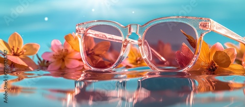 Sunglasses and flowers on a reflective surface under a bright sky.