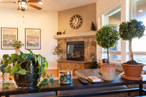 Obraz na plátne Cozy living room scene featuring lush plants, stone fireplace, warm lighting, an