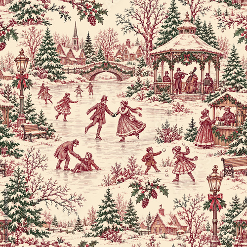 Vintage Christmas Ice Skating Festival Toile de Jouy Seamless Pattern with Victorian Winter Village. Vintage Christmas seamless pattern featuring a charming Victorian winter ice skating festival